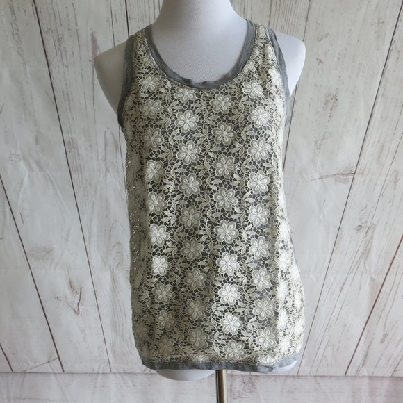 J. Crew Gray Beige Crochet Lace Floral Overlay Tank Top Blouse - Size Small - Picture 2 of 8